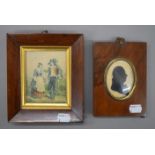 A 19th century walnut framed silhouette portrait and a rosewood framed print. The former 11 x 15 cm.