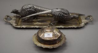 A quantity of silver plate and two model pheasants. The cock bird 50 cm long.