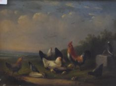 Chickens Feeding, oil on board, signed J VEUVIE, framed and glazed. 22.5 x 17 cm.