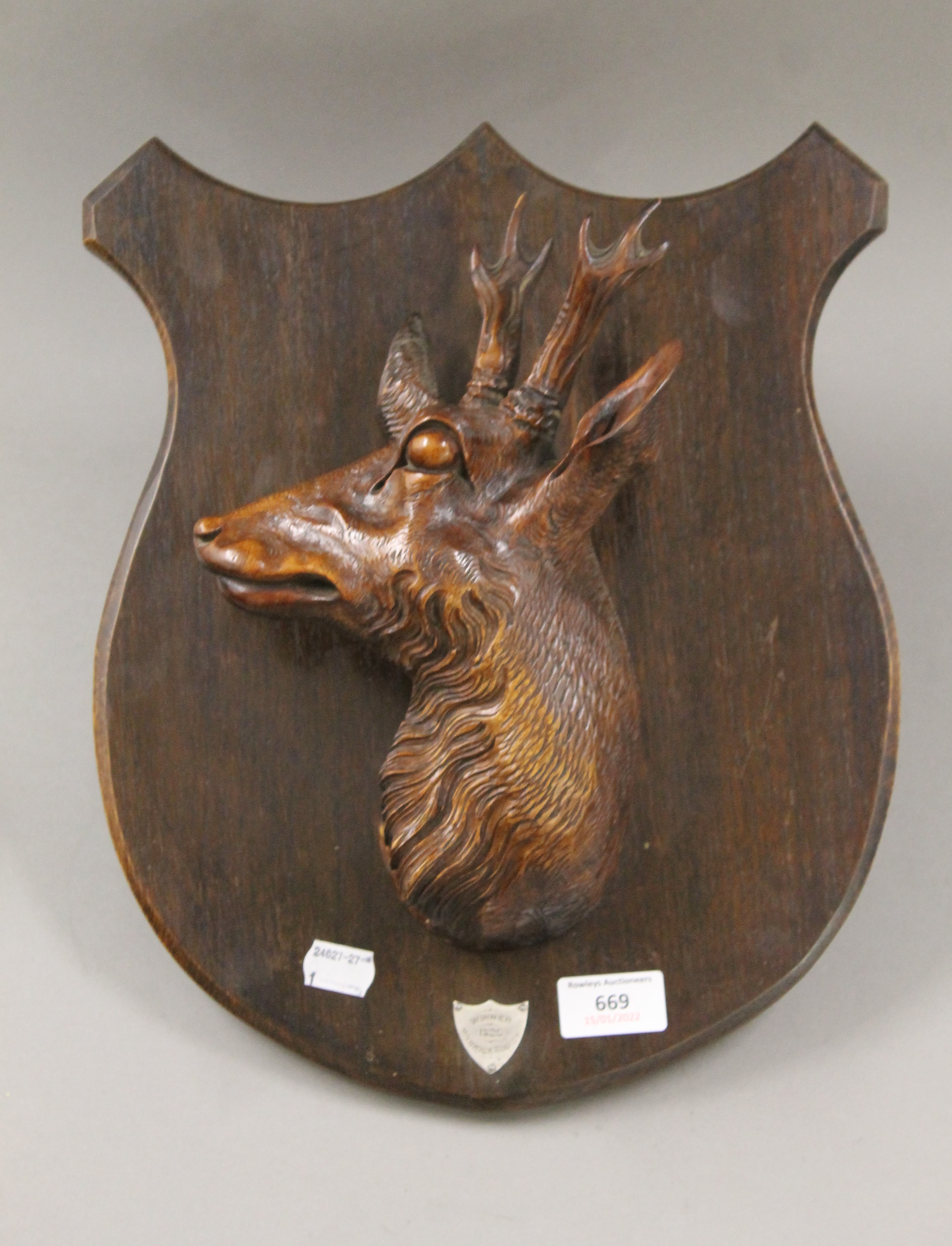 A pair of carved 1920's stag head trophy shields. 37 cm high. - Image 2 of 7