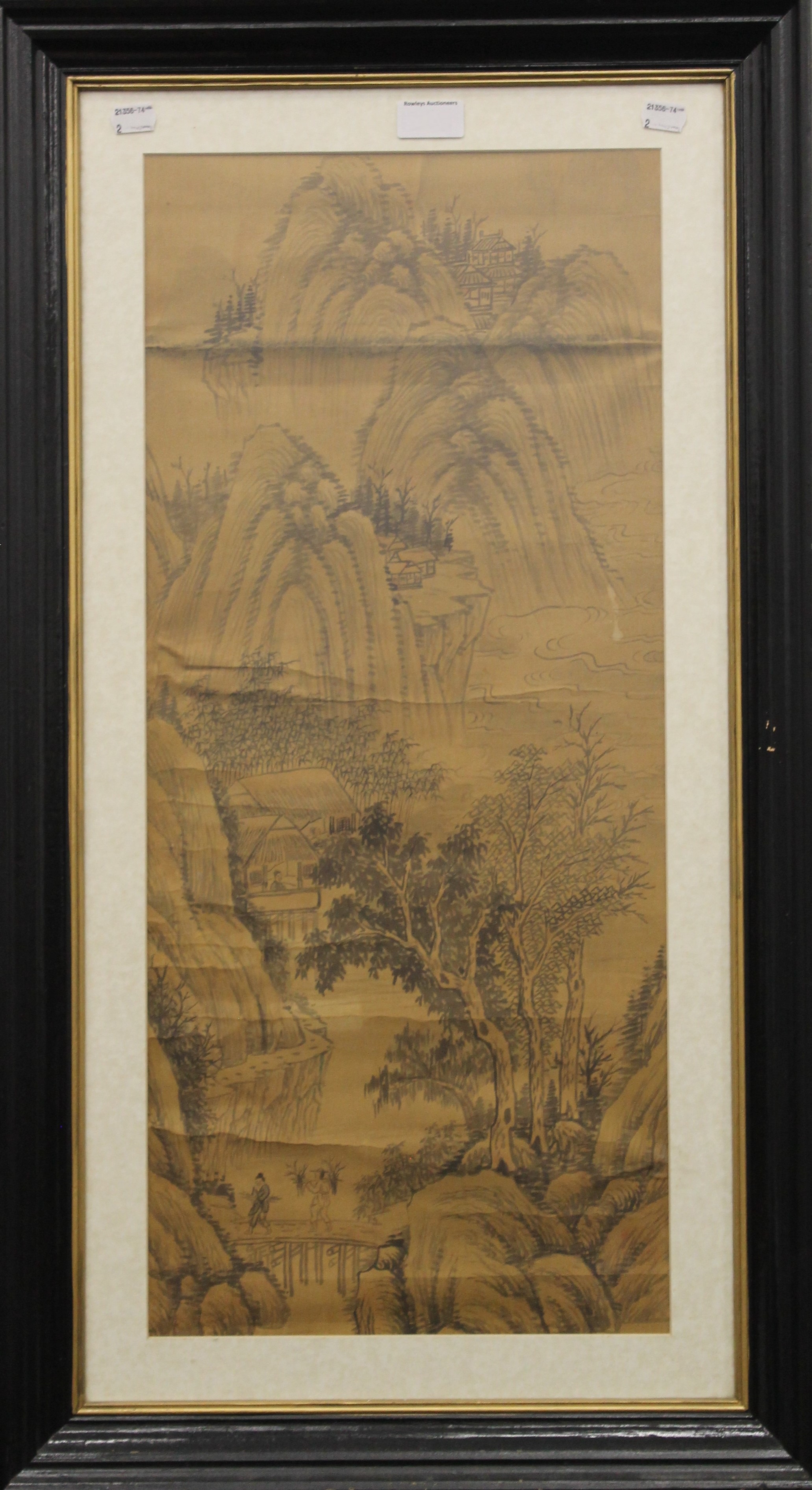 A 19th century Chinese silk scroll depicting Figures in a Mountainous Landscape, framed and glazed. - Image 2 of 9