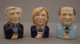 Three BBC Today Programme novelty egg cups and three Homepride Fred figures.