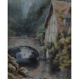 C W MORSLEY, Woman beside a River and a Thatched Cottage, watercolour, framed and glazed. 21.5 x 24.