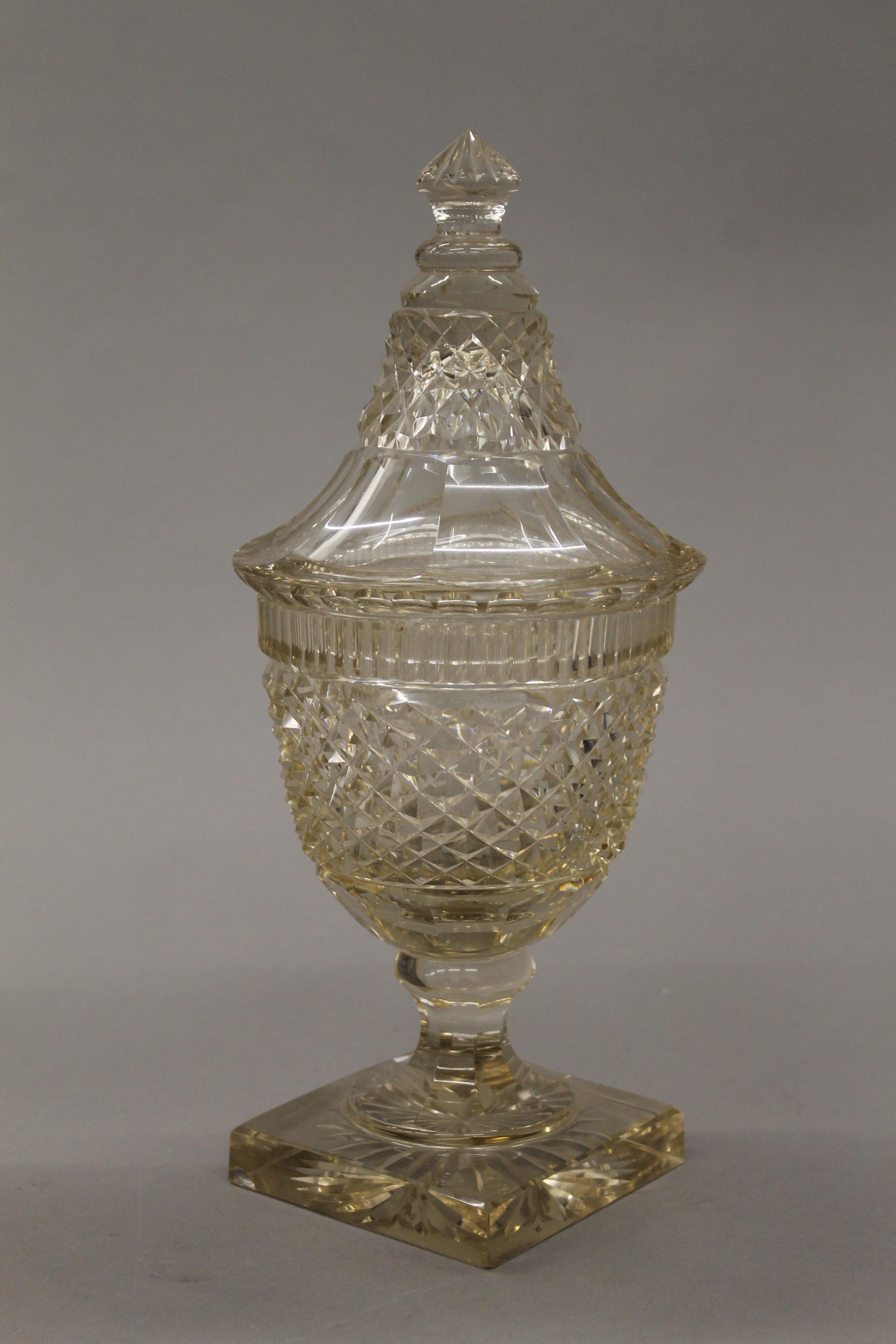 A pair of 19th century cut glass lidded vases, possibly Irish. 31 cm high. - Image 3 of 6