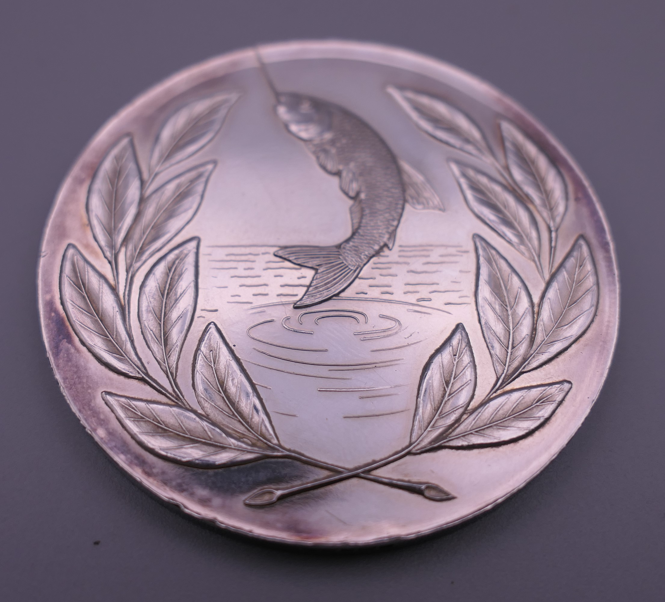 A boxed silver National Federation of Anglers medallion. 5 cm diameter. 57.8 grammes. - Image 2 of 4