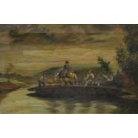 19TH CENTURY SCHOOL, Figures and Horses on a River Ferry, oil on canvas, framed. 44 x 29 cm.