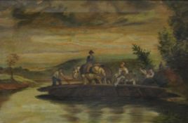 19TH CENTURY SCHOOL, Figures and Horses on a River Ferry, oil on canvas, framed. 44 x 29 cm.