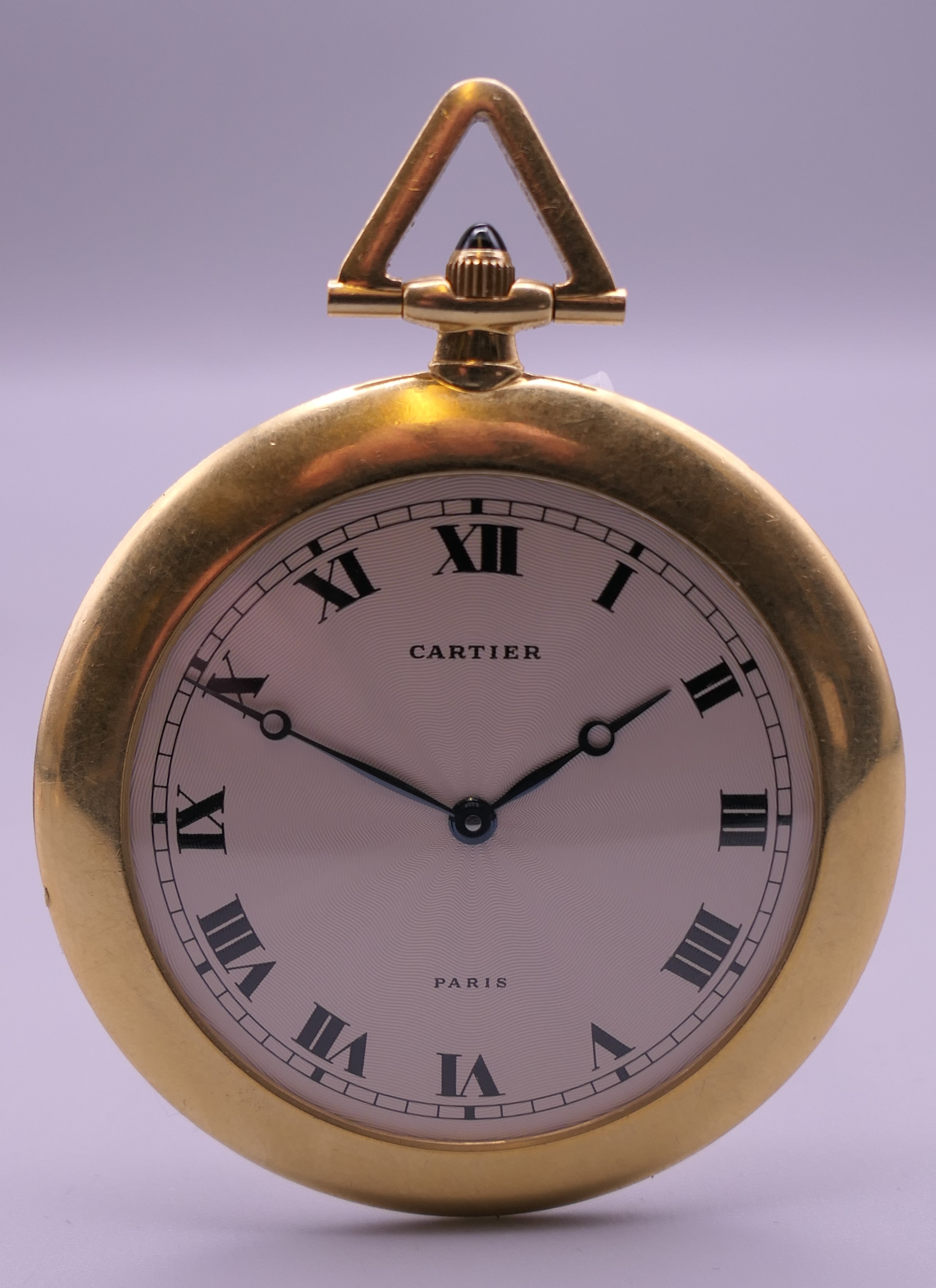 A Cartier 18 K gold open face keyless lever pocket watch, in Cartier box. 5 cm diameter. - Image 2 of 11