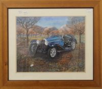 LINDA RAMSAY (20th/21st century) British, Bugatti in Italian Landscape, watercolour and gouache,