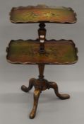 A painted papier mache and mahogany two-tier side table. 66 cm high.