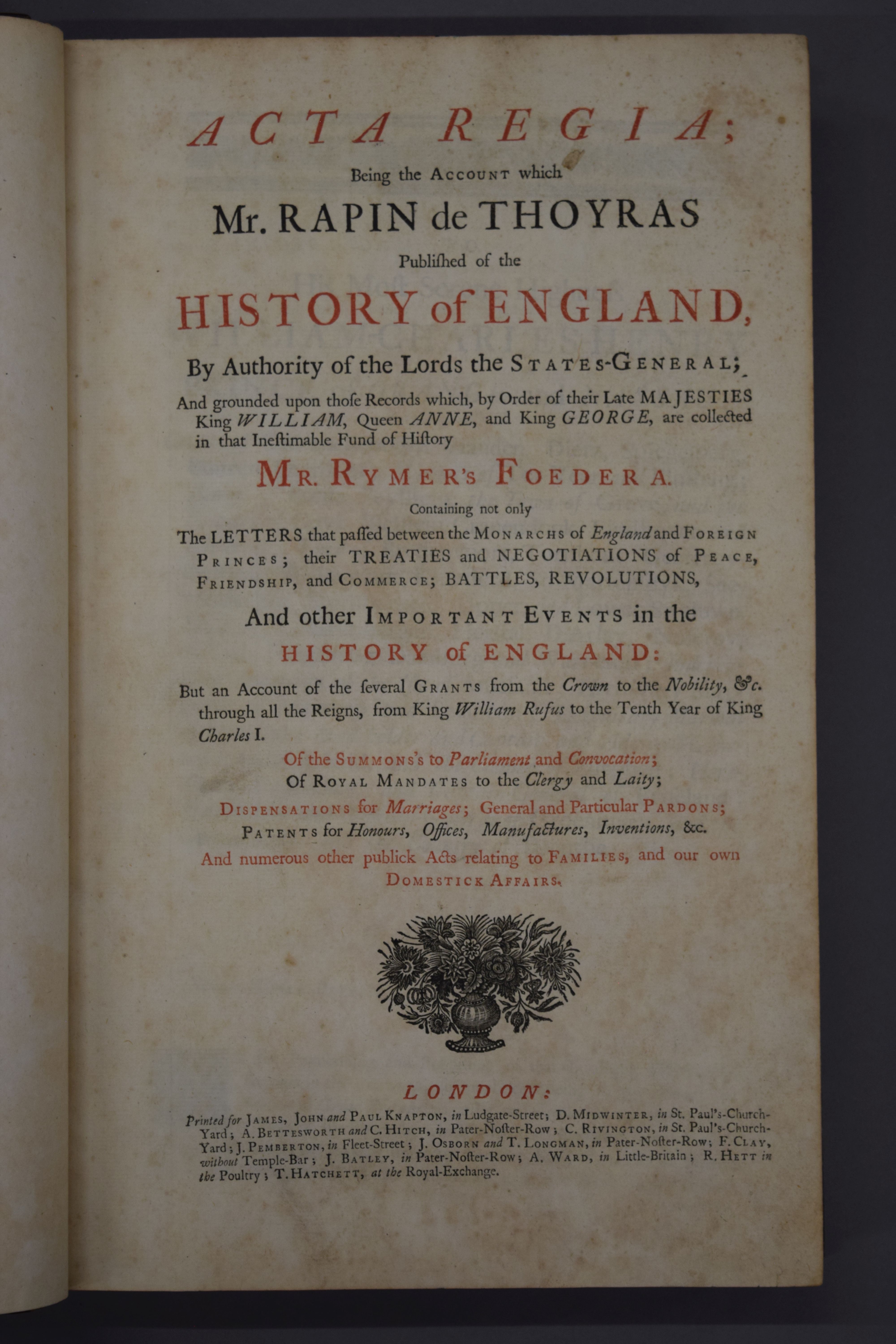 Acta Regina being an account which Mr Rapin de Thoyras published of The History of England 1733. - Image 3 of 4