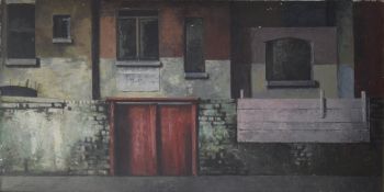Street Scene, oil on board, framed. 122 x 61 cm.