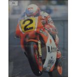 Four motorcycling interest framed photographs/prints, including Suzuki, Yamaha and Barry Sheene.