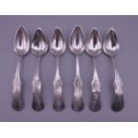 Six Dutch silver teaspoons. Each 12.5 cm long. 65.1 grammes.