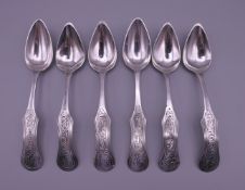 Six Dutch silver teaspoons. Each 12.5 cm long. 65.1 grammes.