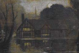 Moonlight and Flood Newton Water, oil on paper, framed and glazed. 25.5 x 17.5 cm.