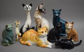 A collection of various porcelain cats, including Poole and Sylvac.