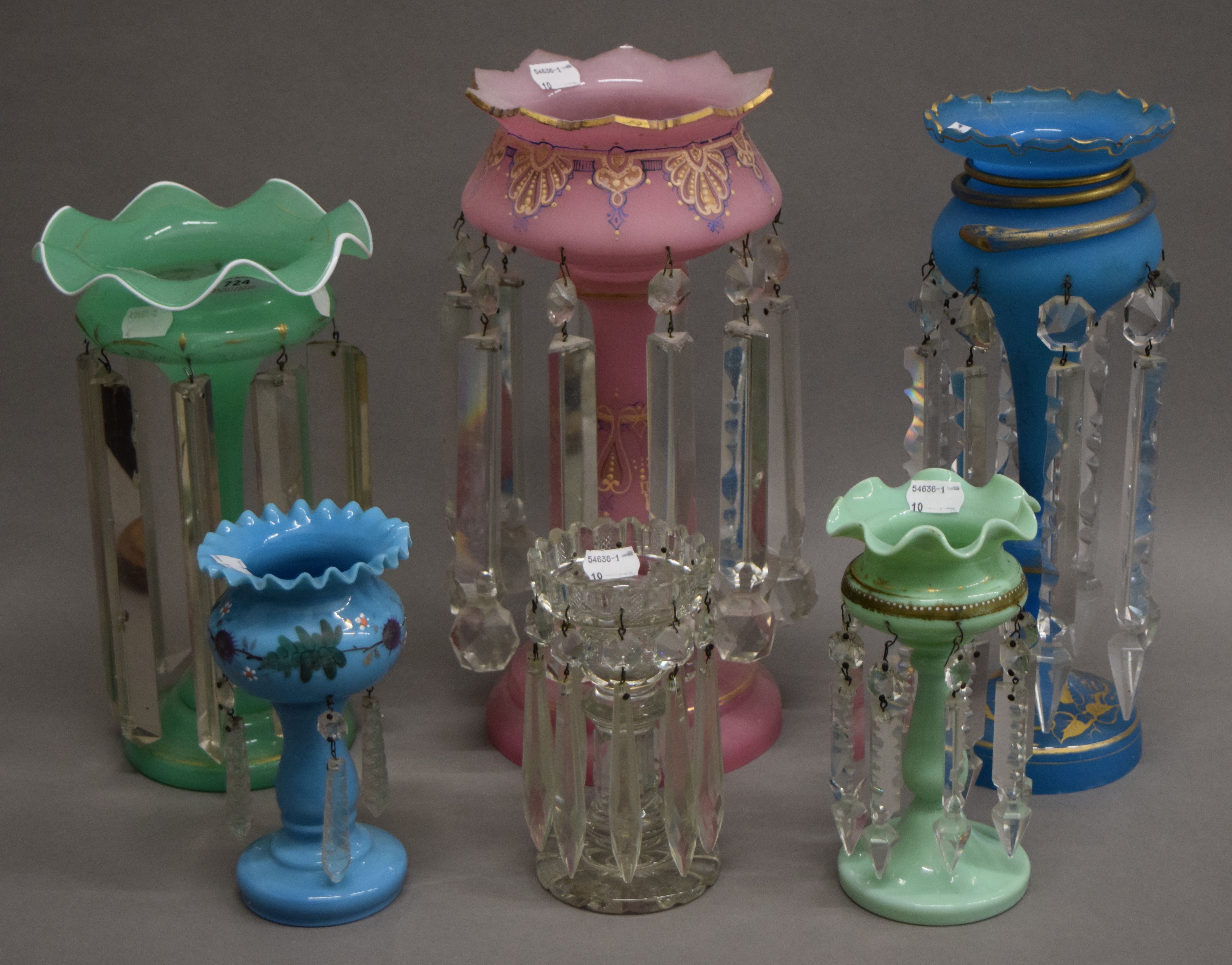 Six various Victorian glass lustres. The largest 34 cm high.