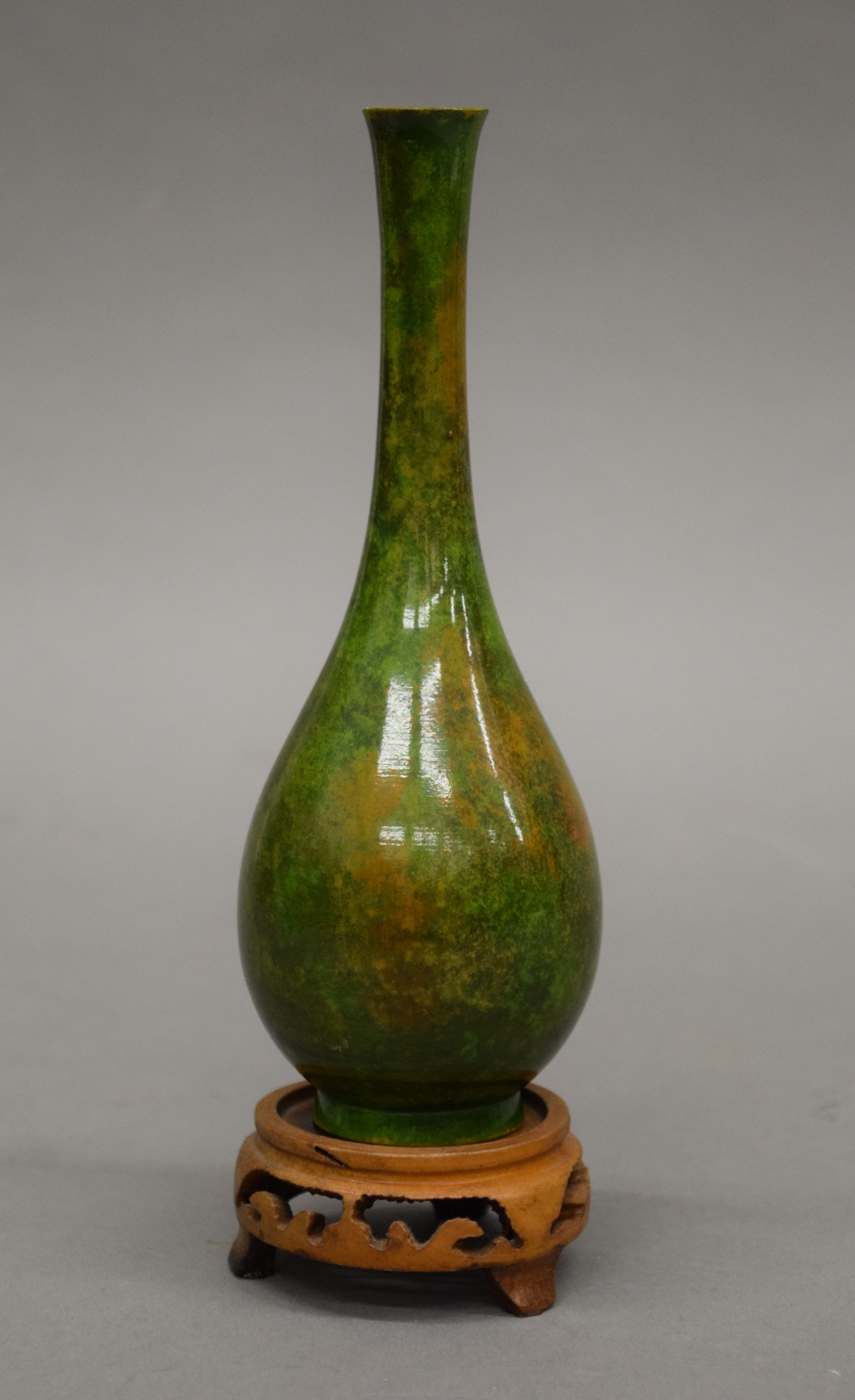 A small Japanese patinated bottle vase on a carved stand. 19 cm high overall. - Image 2 of 4