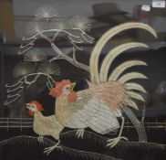 A pair of Japanese embroideries of Chickens, framed and glazed. 61 x 59.5 cm overall.