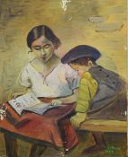 A Teacher and Child, oil on canvas, indistinctly signed, dated 1977, unframed. 40 x 50 cm.