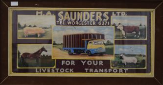 A Saunders Live Stock Transport advertising print, framed and glazed. 89.5 x 48.5 cm overall.