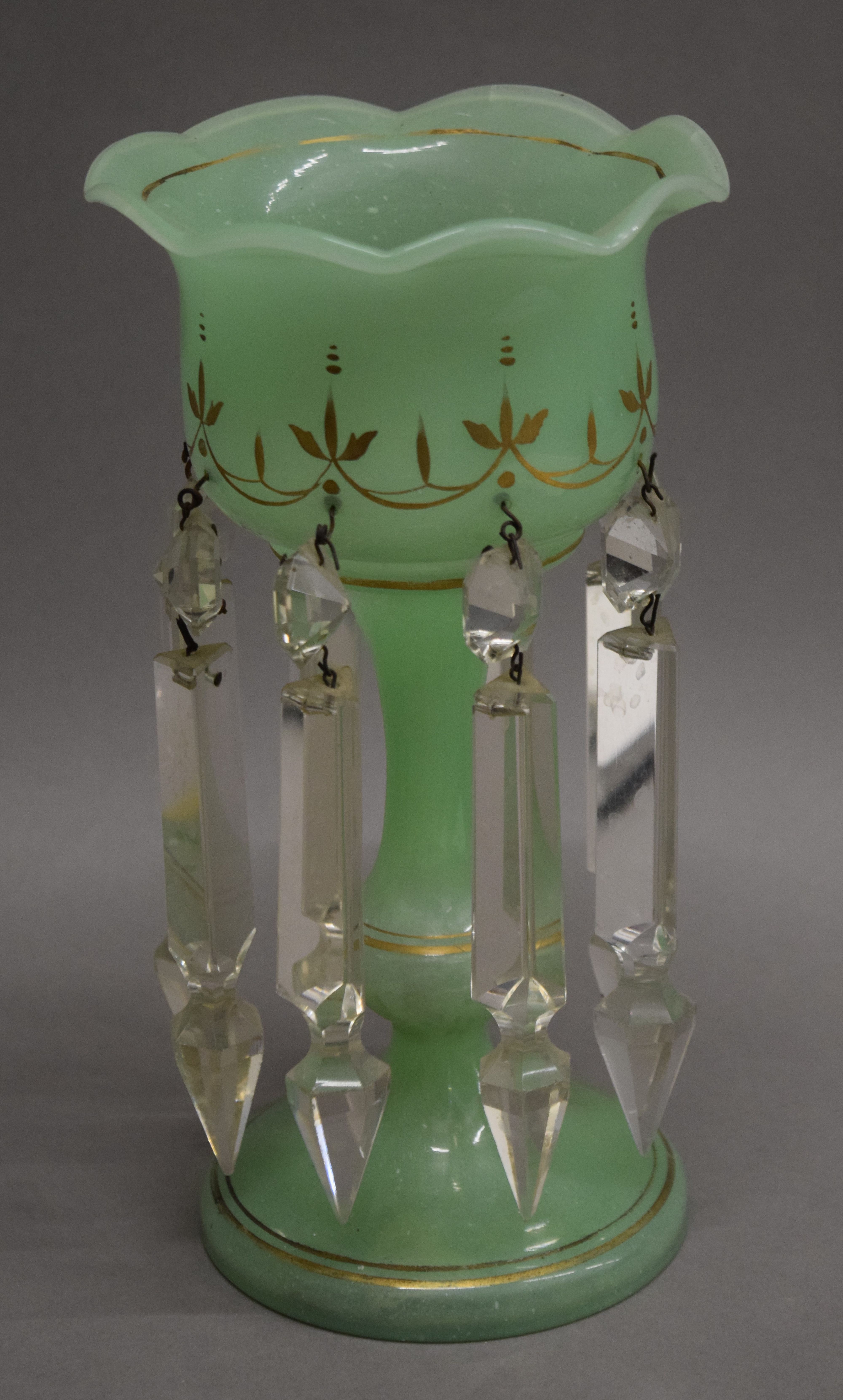 A small pair of Victorian green glass lustres. 22.5 cm high. - Image 2 of 5