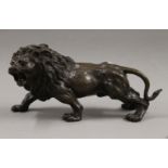 A bronze model of a lion. 32 cm long.