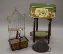 A painted jardiniere on stand, an Oriental painted box, a wire work shelf, a candelabra, etc.