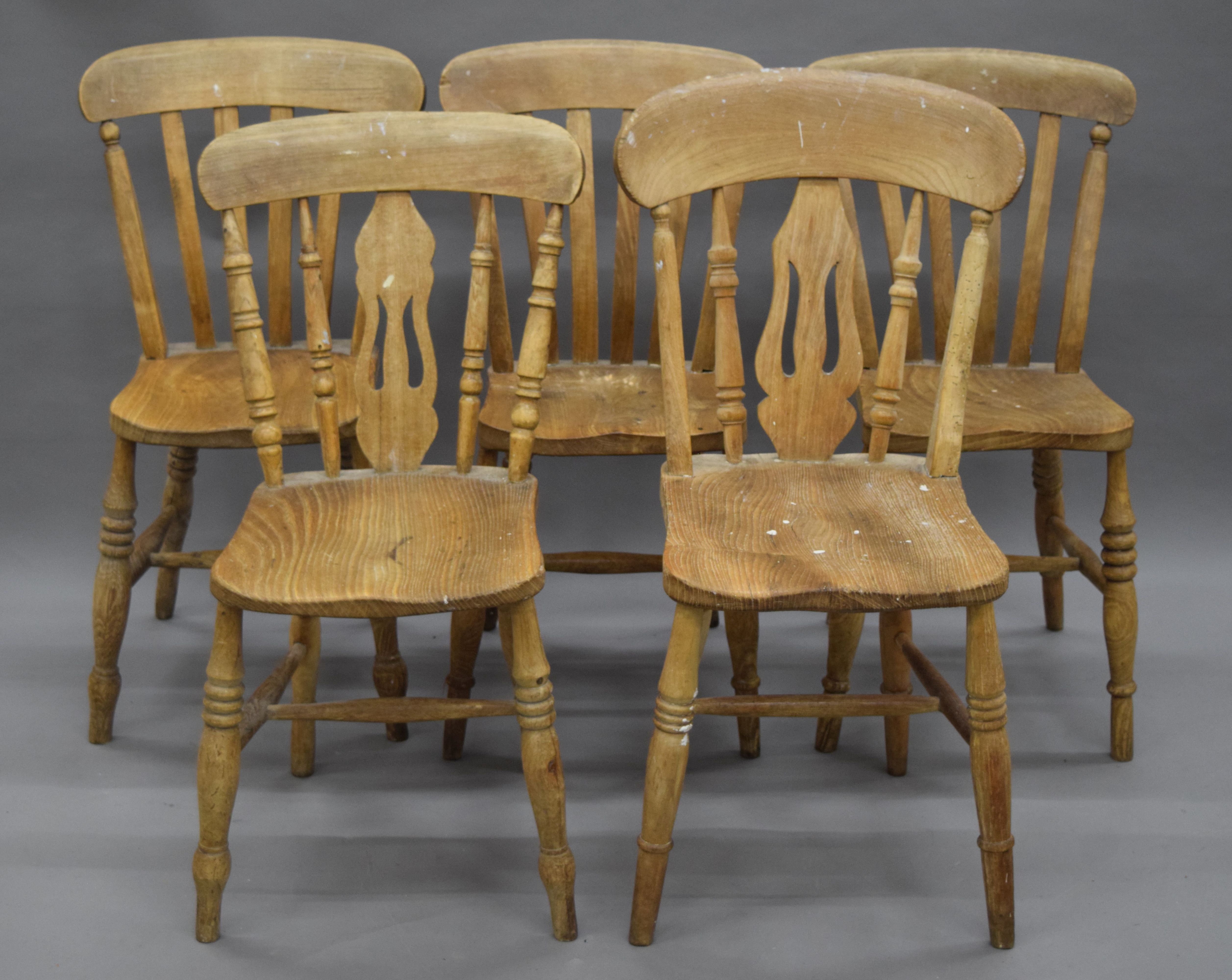 Five various Victorian kitchen chairs.