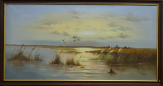 Ducks in Flight, a pair of large oils on canvas, each framed. 131 x 70 cm.