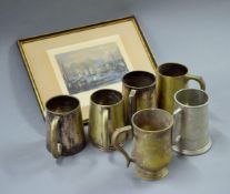 A collection of silver plated and other tankards,