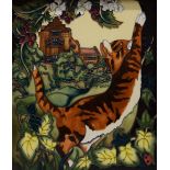 A Moorcroft porcelain plaque decorated with a cat, framed. 26 x 30 cm overall.