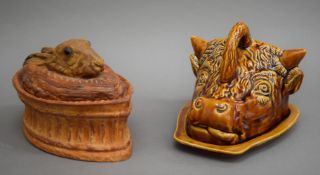 A game pie dish with hare's head finial and a butter dish formed as a bull's head.