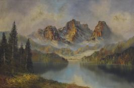 Mountainous Scene, oil on canvas, indistinctly signed, framed. 91 x 60 cm.
