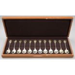 A cased set of RSPB silver teaspoons. 13.5 cm long. 325.4 grammes total weight.