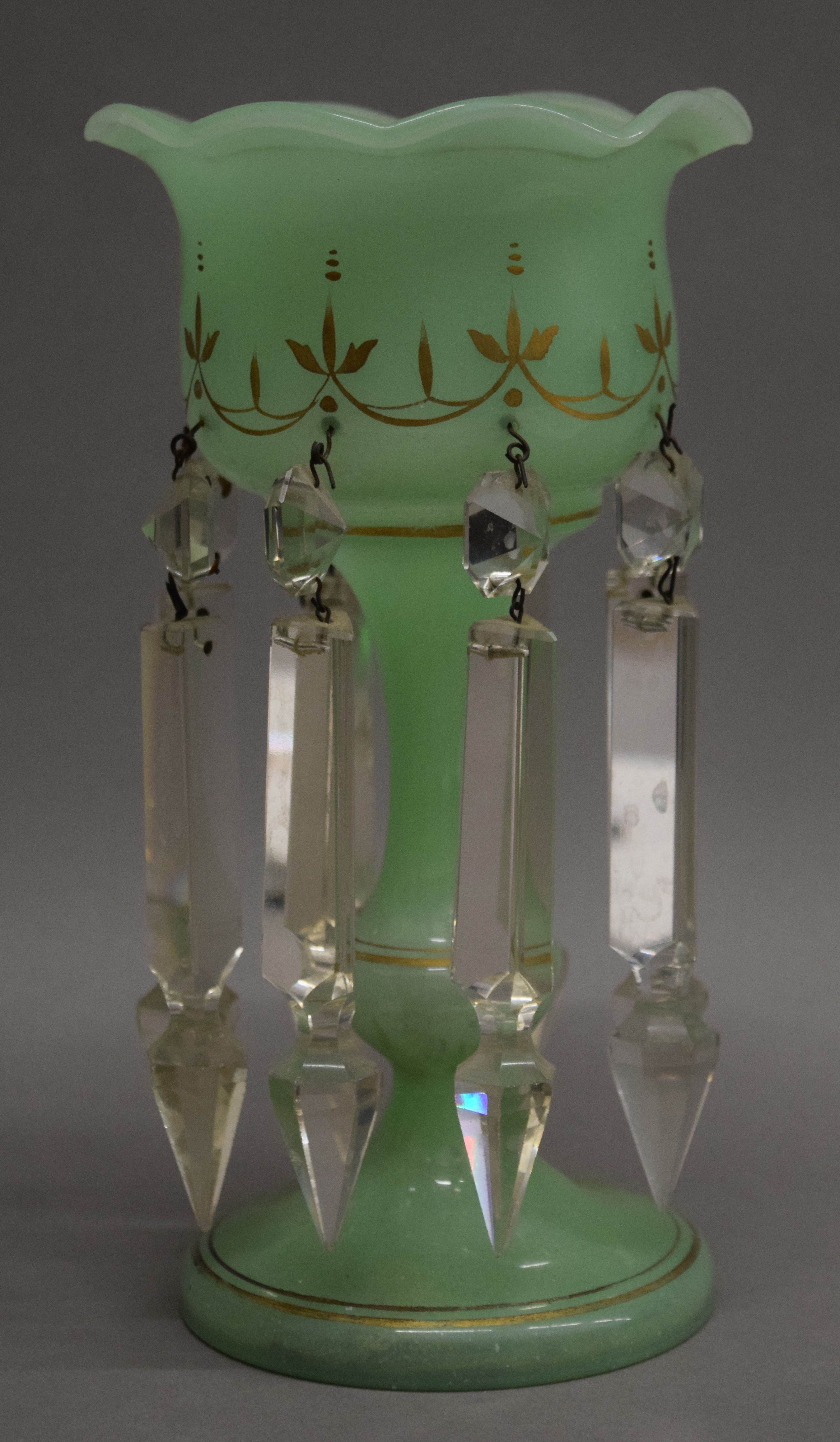 A small pair of Victorian green glass lustres. 22.5 cm high. - Image 3 of 5