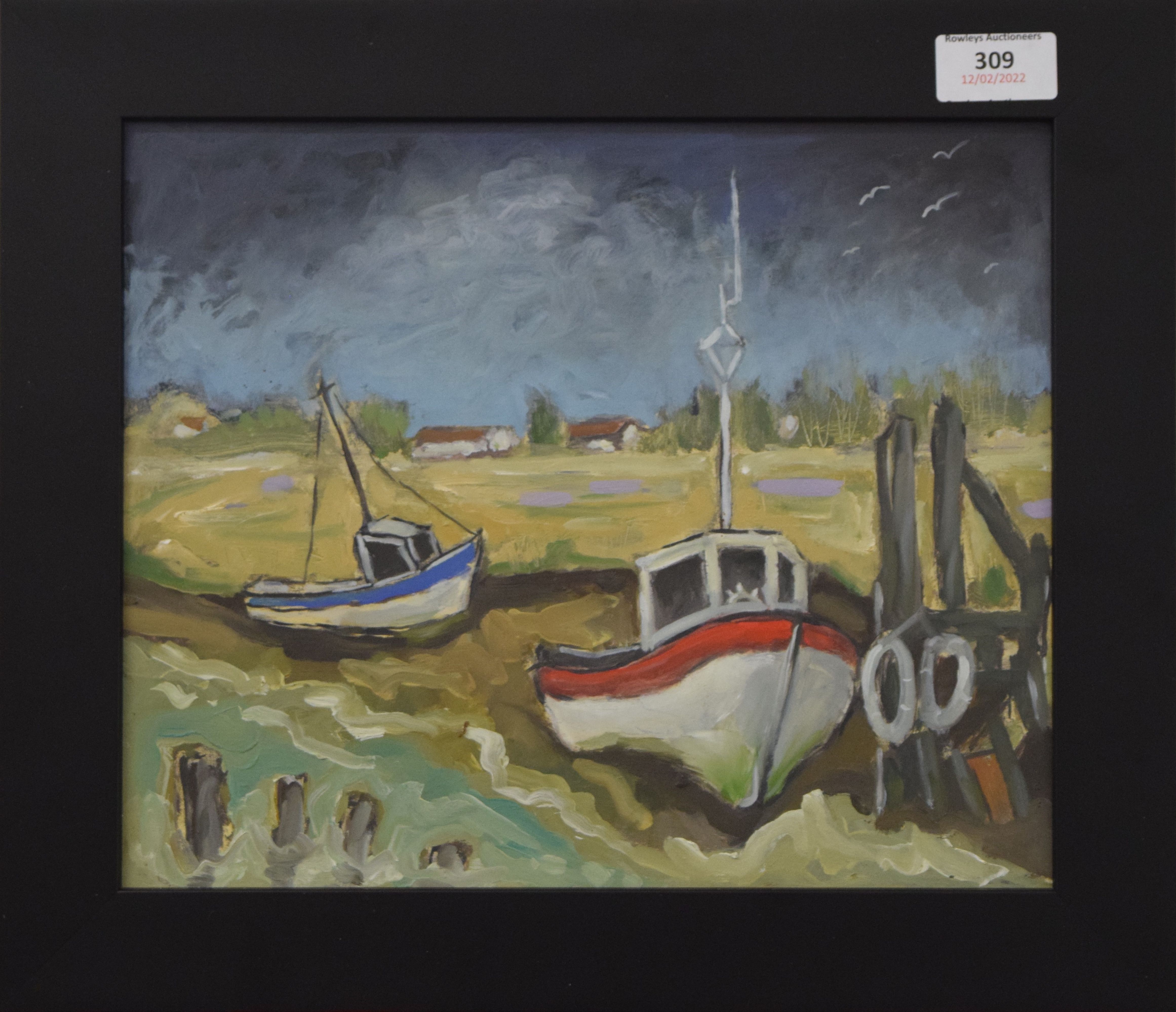 Two Contemporary oil paintings, one a Country Road, the other Fishing Boats in an Estuary, - Image 2 of 4