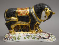 A Royal Crown Derby limited edition Grecian bull paperweight with gold mark. 12 cm high.