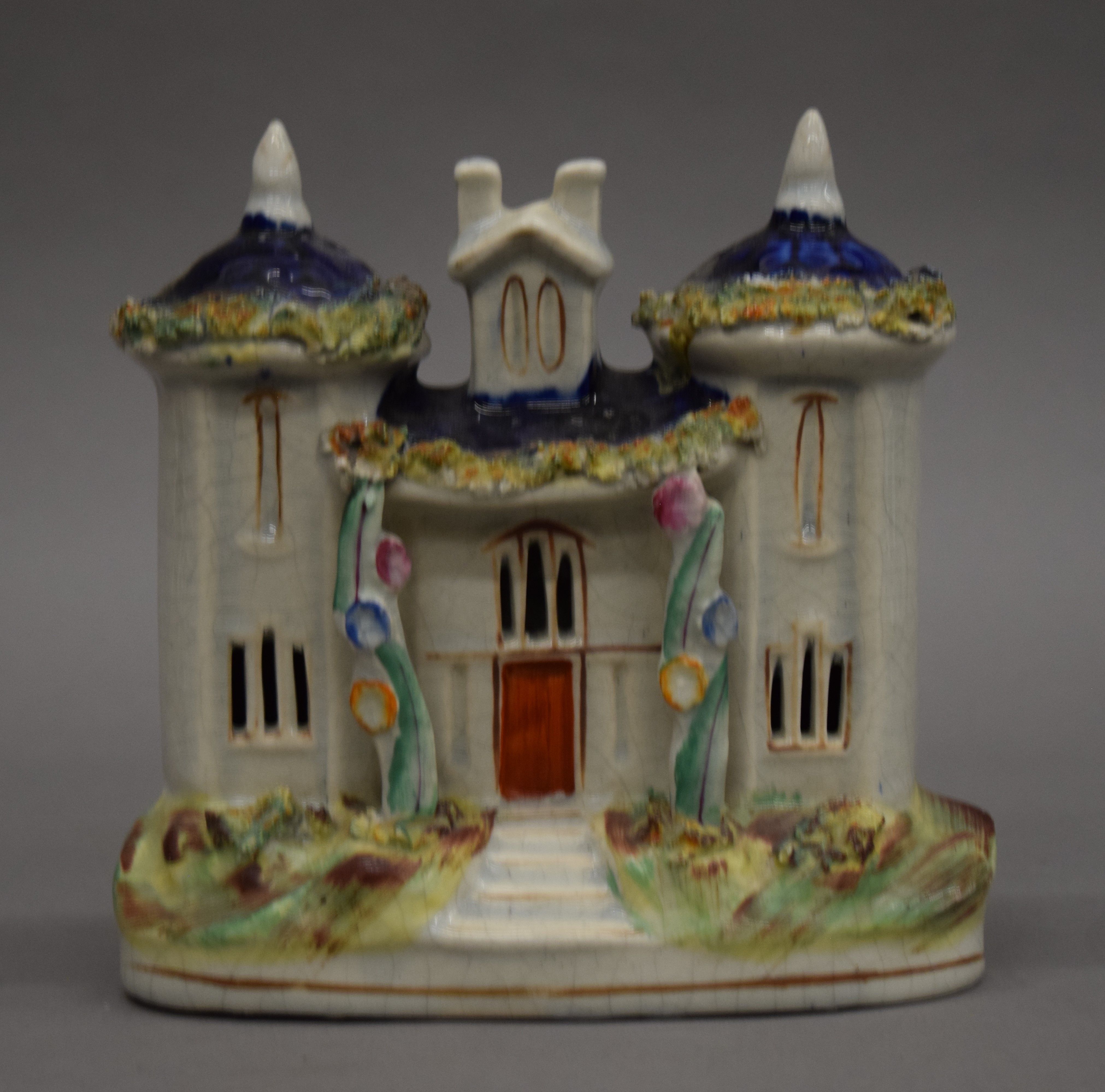 Two Victorian Staffordshire figures and a Staffordshire house. The largest 32.5 cm high. - Image 4 of 4