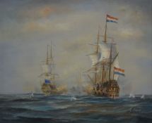 Battle at Sea, oil on canvas, signed J HASBEY, framed. 59 x 49 cm.