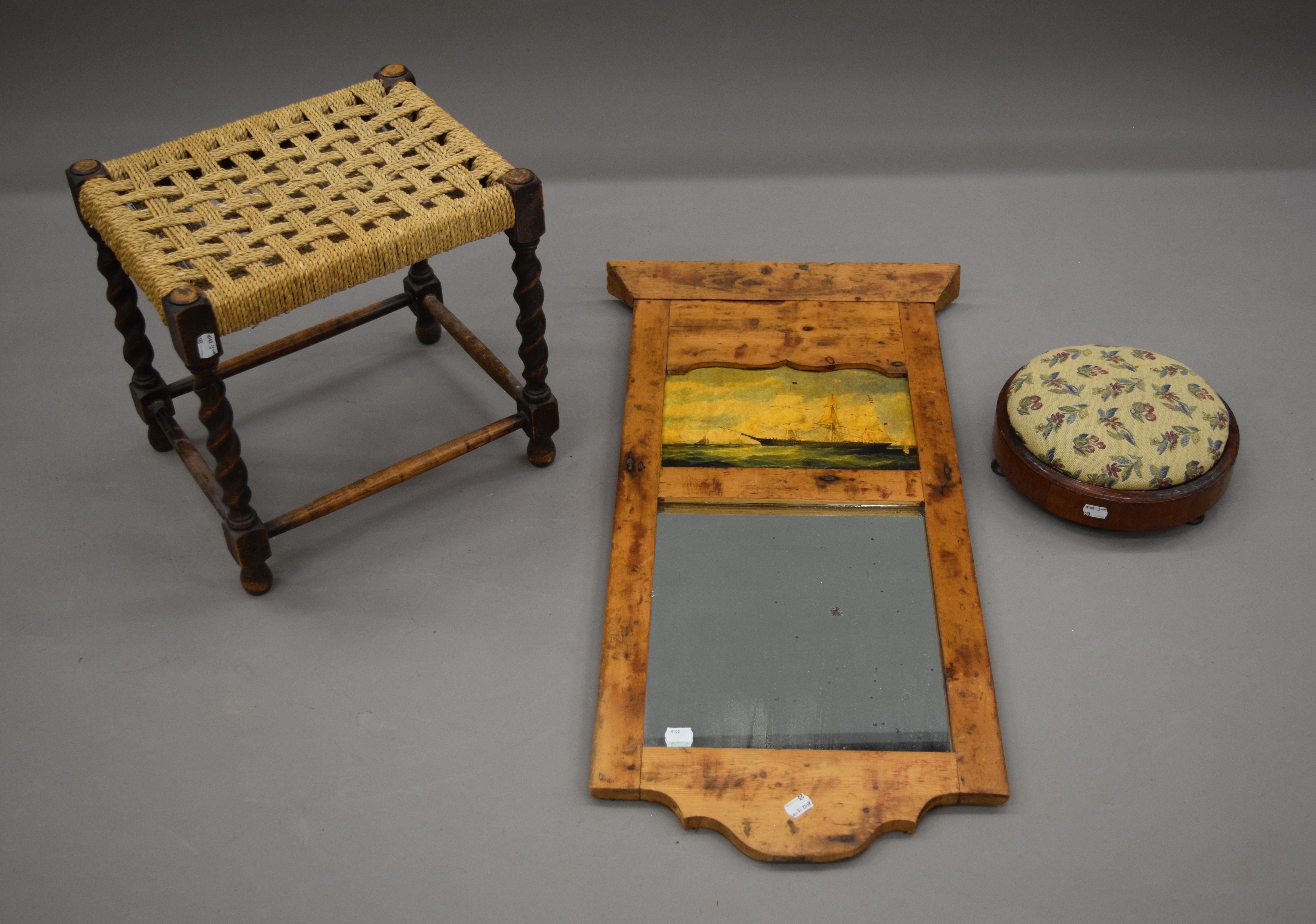 Two foot stools and a modern pine mirror. The latter 45 cm wide.