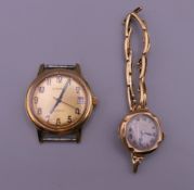 A ladies 18 ct gold wristwatch and a gentleman's wristwatch. The former 17.7 grammes total weight.