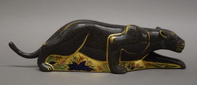 A Royal Crown Derby black panther paperweight with gold mark. 33 cm long.