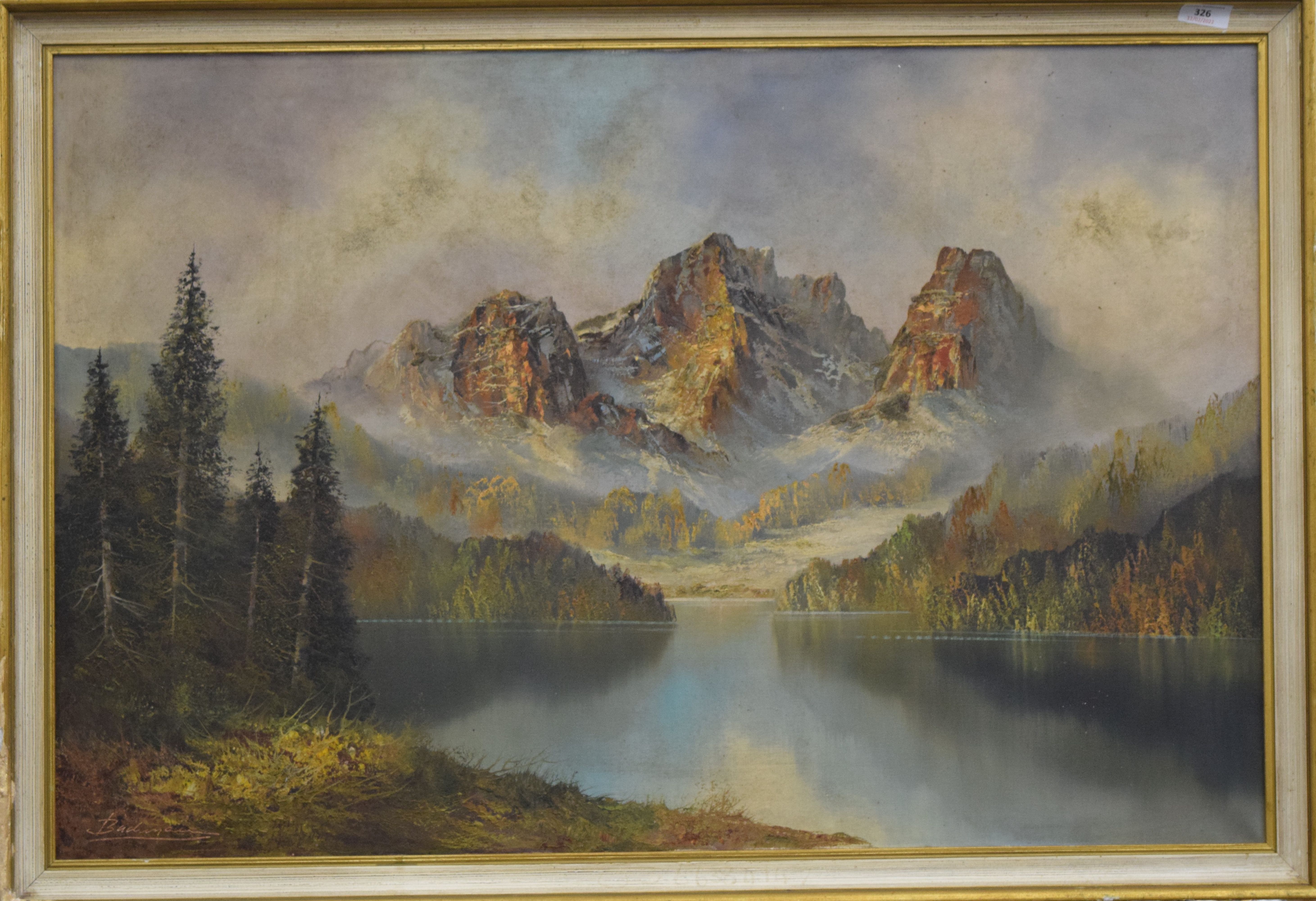 Mountainous Scene, oil on canvas, indistinctly signed, framed. 91 x 60 cm. - Image 2 of 3
