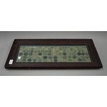 A framed coin display, ranging from Roman to early Victorian. 65 x 28.5 cm overall.