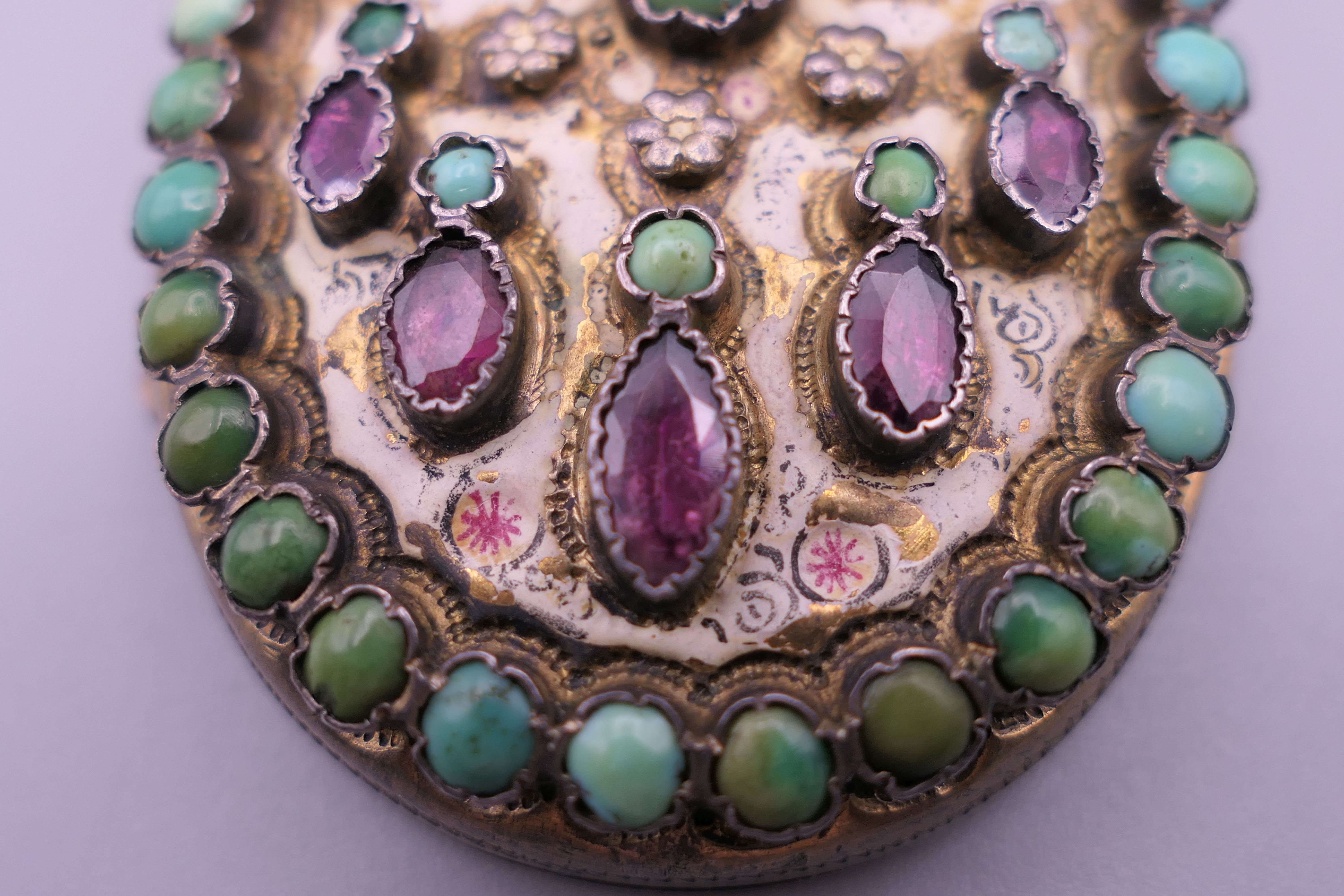 A silver Austro Hungarian turquoise and garnet pendant locket. 6 cm high. - Image 5 of 5