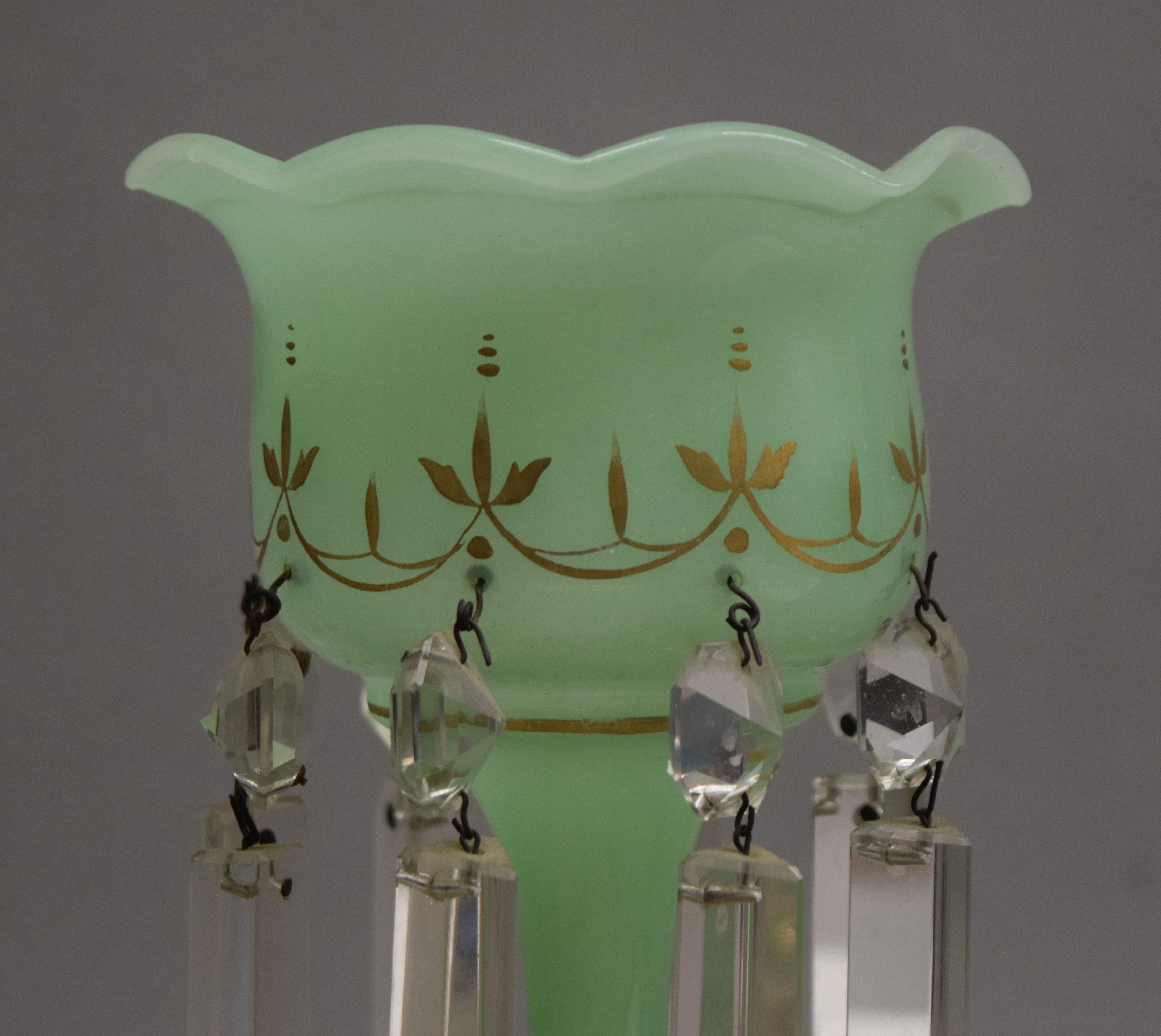 A small pair of Victorian green glass lustres. 22.5 cm high. - Image 5 of 5