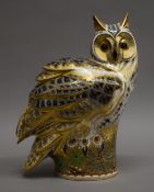 A large Royal Crown Derby limited edition long eared owl paperweight with gold mark. 25 cm high.