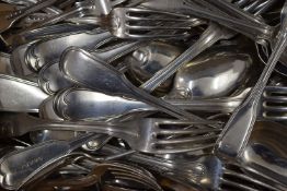 A quantity of Georgian silver flatware, comprising: 2 large serving/basting spoons,